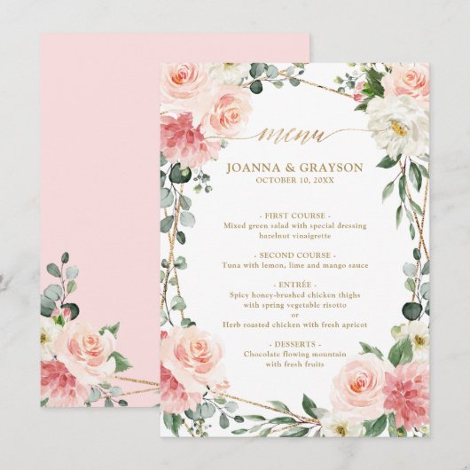 Blush Pink Floral Gold Geometric Wedding Menu (Voorkant / Achterkant)