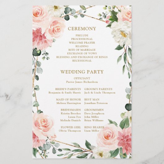 Blush Pink Floral Gold Geometric Wedding Programme (Achterkant)