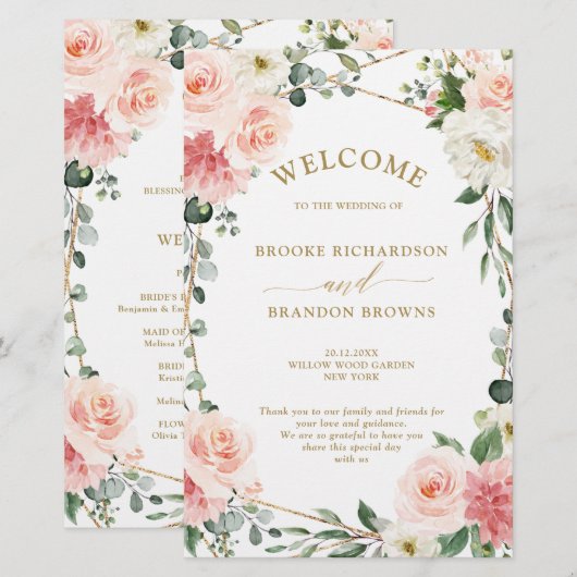 Blush Pink Floral Gold Geometric Wedding Programme (Voorkant / Achterkant)