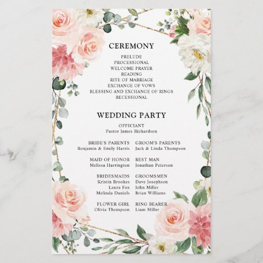 Blush Pink Floral Gold Geometric Wedding Programme (Achterkant)