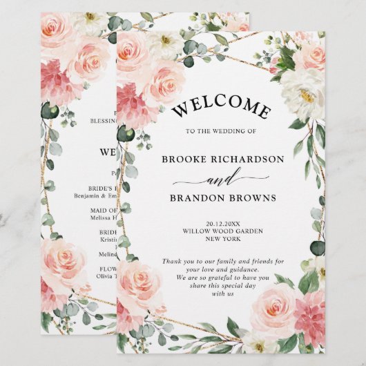 Blush Pink Floral Gold Geometric Wedding Programme (Voorkant / Achterkant)