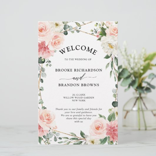 Blush Pink Floral Gold Geometric Wedding Programme (Staand voorkant)