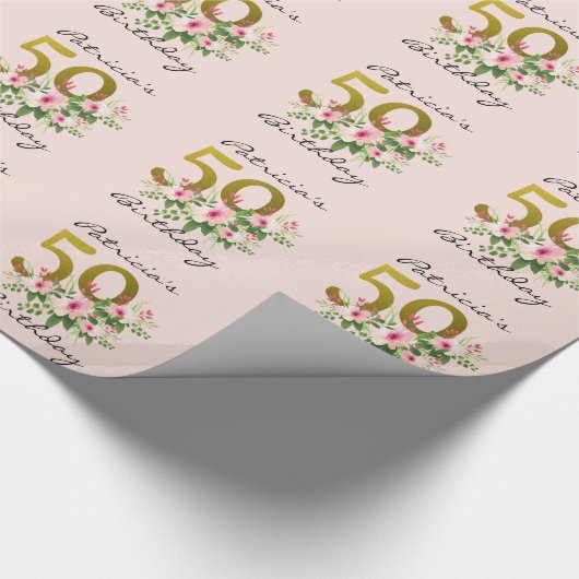 Blush Pink Floral Gold Glitter 50e verjaardag Cadeaupapier (Hoek)