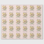 Blush Pink Floral Gold Glitter 50e verjaardag Cadeaupapier (Vlak)