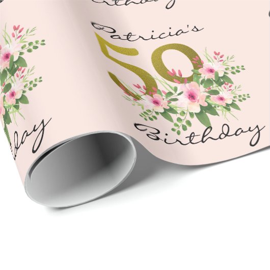 Blush Pink Floral Gold Glitter 50e verjaardag Cadeaupapier (Rol Hoek)