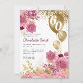 Blush Pink Floral Gold Glitter Balloons Birthday Kaart (Voorkant)