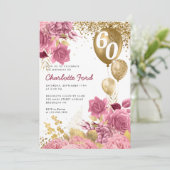 Blush Pink Floral Gold Glitter Balloons Birthday Kaart (Staand voorkant)