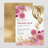 Blush Pink Floral Gold Glitter Balloons Birthday Kaart (Voorkant / Achterkant)