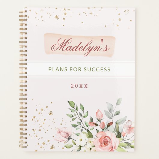Blush Pink Floral Gold Glitter Custom Name Girl Pl Planner (Voorkant)
