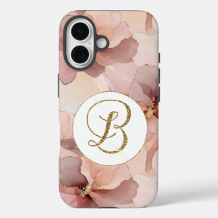 Blush Pink Floral Gold Glitter Letter B iPhone 16 Hoesje