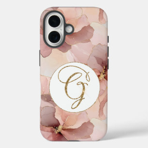 Blush Pink Floral Gold Glitter Letter G iPhone 16 Hoesje