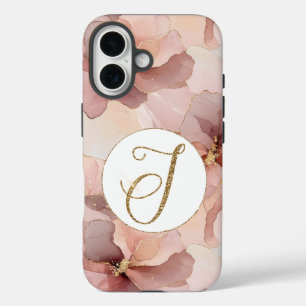 Blush Pink Floral Gold Glitter Letter J iPhone 16 Hoesje