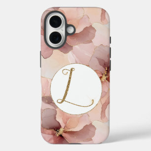 Blush Pink Floral Gold Glitter Letter L iPhone 16 Hoesje