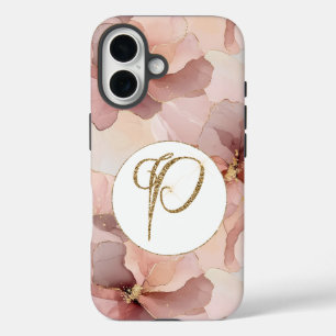Blush Pink Floral Gold Glitter Letter P iPhone 16 Hoesje