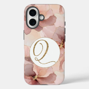Blush Pink Floral Gold Glitter Letter Q iPhone 16 Hoesje