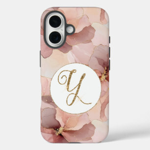 Blush Pink Floral Gold Glitter Letter Y iPhone 16 Hoesje