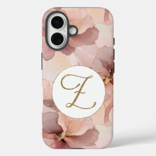 Blush Pink Floral Gold Glitter Letter Z iPhone 16 Hoesje