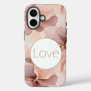 Blush Pink Floral Gold Glitter Love iPhone 16 Hoesje