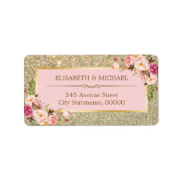 Blush Pink Floral Gold Glitter mousserend Weddensc Etiket