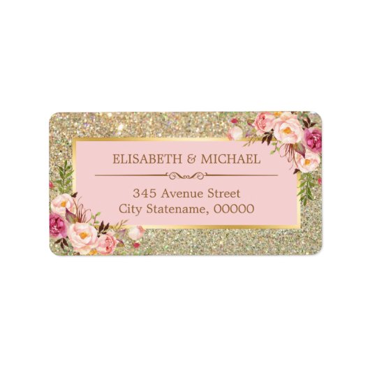 Blush Pink Floral Gold Glitter mousserend Weddensc Etiket (Voorkant)