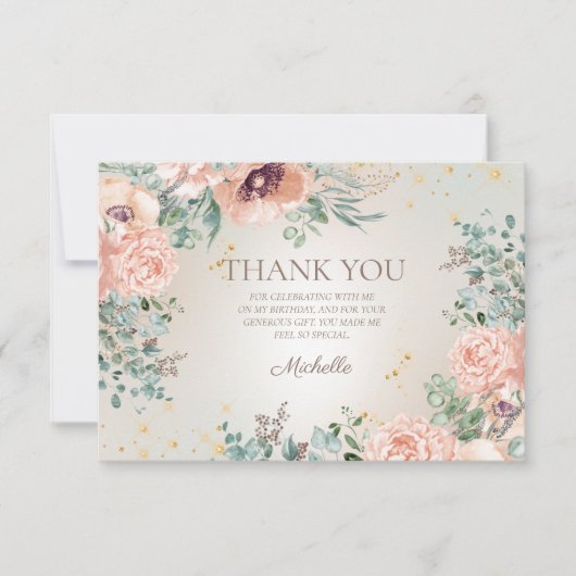 Blush Pink Floral Gold Glitter Verjaardag Dank u Bedankkaart (Voorkant)