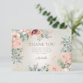 Blush Pink Floral Gold Glitter Verjaardag Dank u Bedankkaart (Staand voorkant)