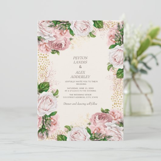 Blush Pink  Floral Gold Glitter Weddenschap Kaart (Staand voorkant)