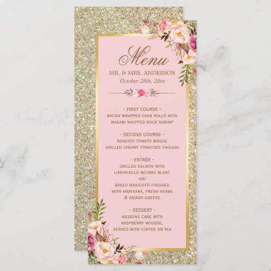 Blush Pink Floral Gold Glitter Weddenschap Menu (Voorkant / Achterkant)
