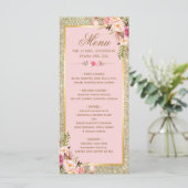 Blush Pink Floral Gold Glitter Weddenschap Menu (Staand voorkant)