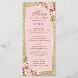 Blush Pink Floral Gold Glitter Weddenschap Menu