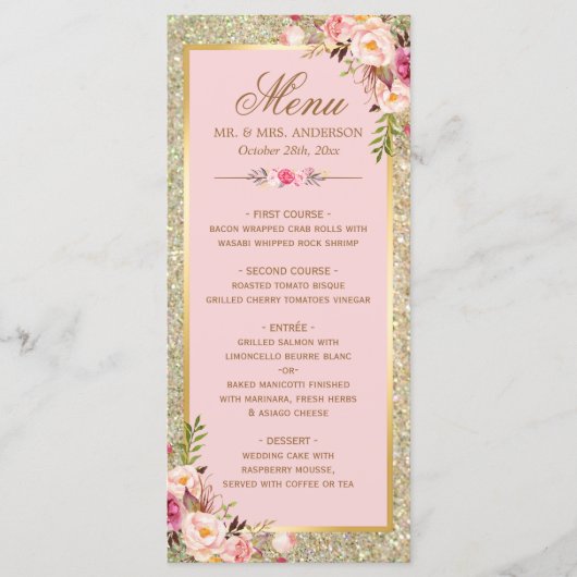 Blush Pink Floral Gold Glitter Weddenschap Menu (Voorkant)