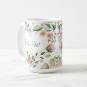 Blush Pink Floral Gold Heart Monogram Weddenschap Koffiemok (Voorkant links)