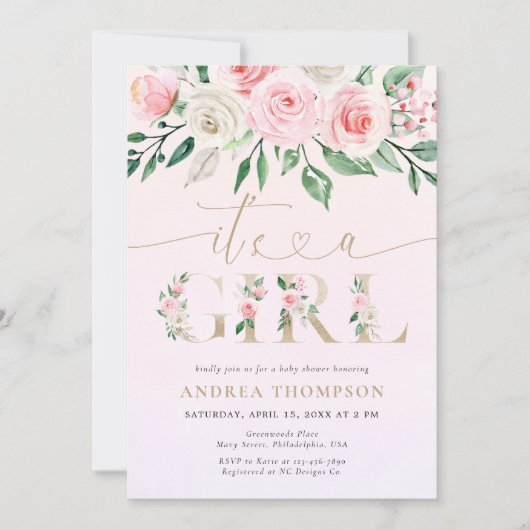 Blush Pink Floral Gold Het is een meisje Baby show Kaart (Voorkant)