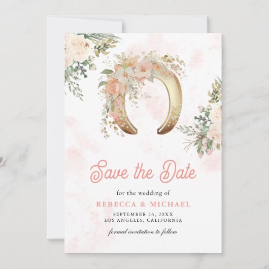Blush Pink Floral Gold Hoefijzer bruiloft Save The Date (Voorkant)