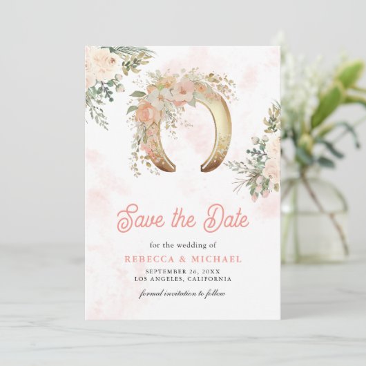 Blush Pink Floral Gold Hoefijzer bruiloft Save The Date (Staand voorkant)