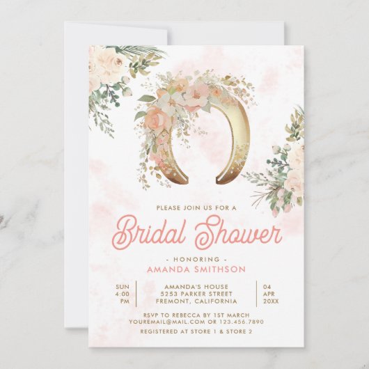 Blush Pink Floral Gold Hoefijzer Vrijgezellenfeest Kaart (Voorkant)