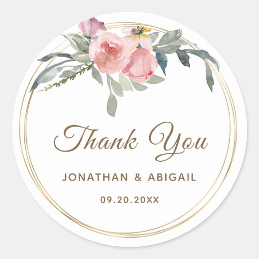 Blush Pink Floral Gold Lijst Hartelijk dank voor u Ronde Sticker (Voorkant)