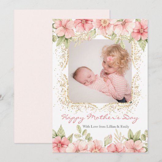 Blush Pink Floral Gold Lijst Moederdag Foto Feestdagenkaart (Voorkant / Achterkant)