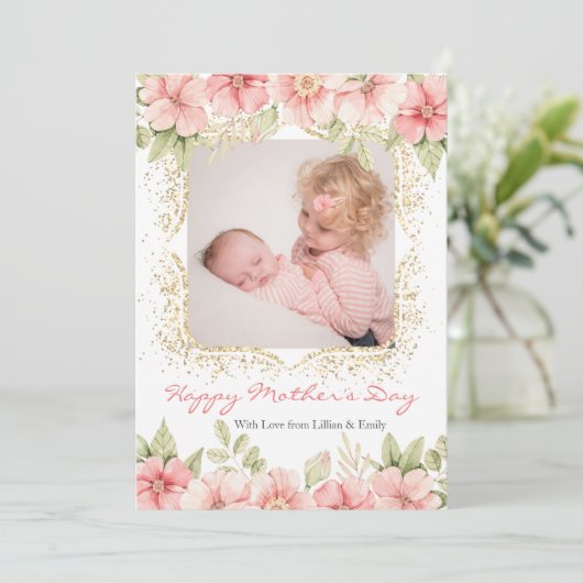 Blush Pink Floral Gold Lijst Moederdag Foto Feestdagenkaart (Staand voorkant)