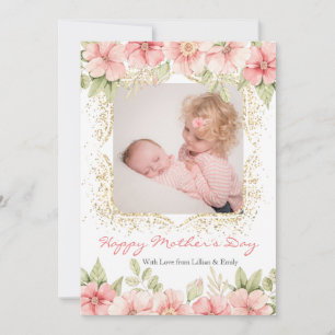 Blush Pink Floral Gold Lijst Moederdag Foto Feestdagenkaart