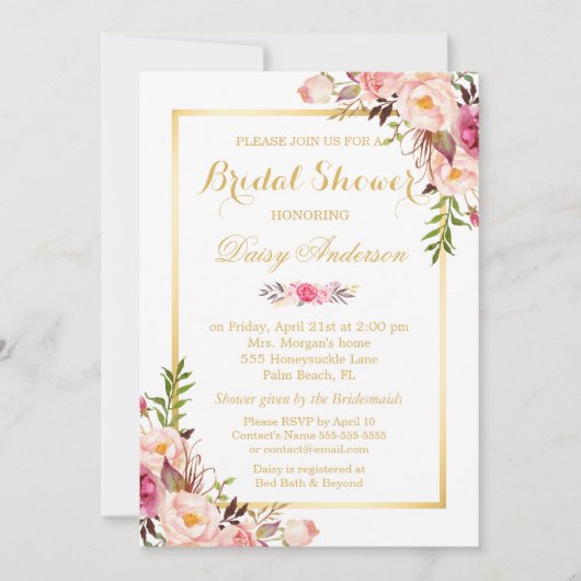 Blush Pink Floral Gold Lijst Vrijgezellenfeest Kaart (Voorkant)