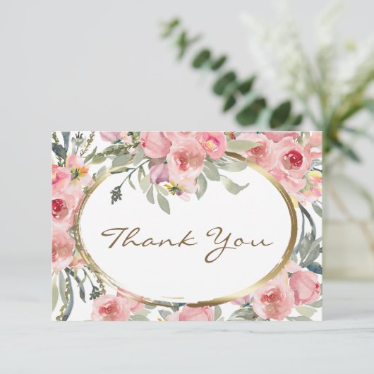 Blush Pink Floral Gold Lijst Wedding Bedankkaart (Staand voorkant)