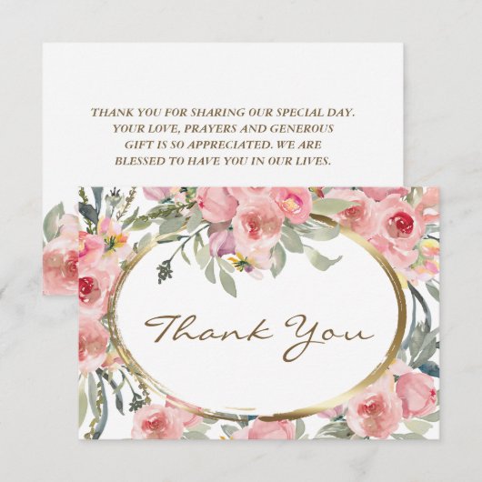 Blush Pink Floral Gold Lijst Wedding Bedankkaart (Voorkant / Achterkant)