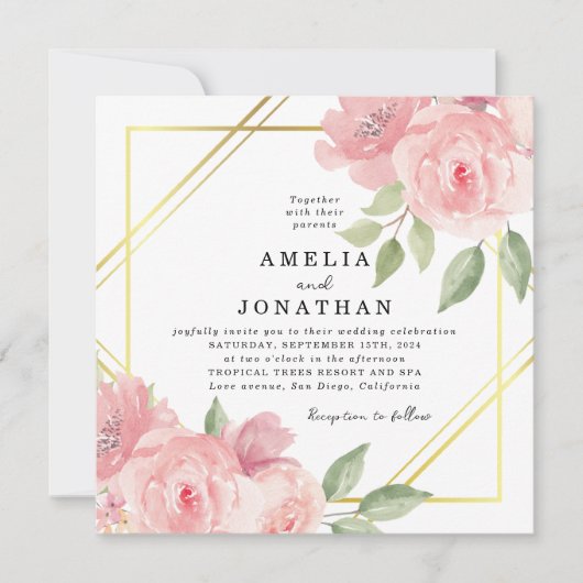 Blush Pink Floral Gold Lijst Wedding Kaart (Voorkant)