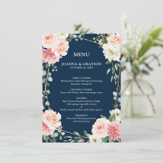Blush Pink Floral Gold Navy Geometric Wedding Menu (Staand voorkant)