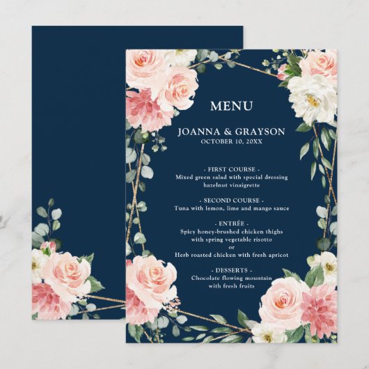 Blush Pink Floral Gold Navy Geometric Wedding Menu (Voorkant / Achterkant)