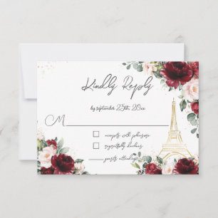 Blush Pink Floral Gold Paris Eiffel Quinceañera RSVP Kaartje