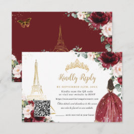 Blush Pink Floral Gold Paris Quinceañera QR Code RSVP Kaartje