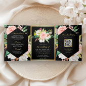 Blush Pink Floral Gold QR Code Black Wedding Drieluik Uitnodiging