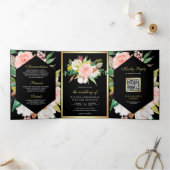 Blush Pink Floral Gold QR Code Black Wedding Drieluik Uitnodiging (Binnen)